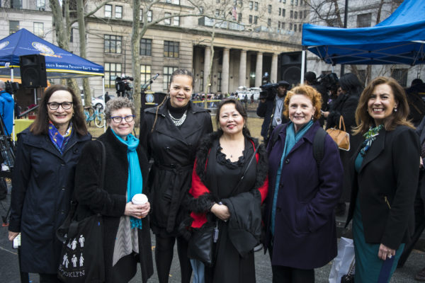 A few of the borough’s top dignitaries were in attendance on Friday to show their support (from left): Regina Myer, president of the Downtown Brooklyn Partnership; Deborah Schwartz, president of the Brooklyn Historical Society; Judge Patria Frias Colon, Justice Doris Ling-Cohan, Appellate Term, First Judicial Department; Assemblymember Jo Anne Simon; and Judge Connie Mallafre Melendez. Eagle photo by Rob Abruzzese