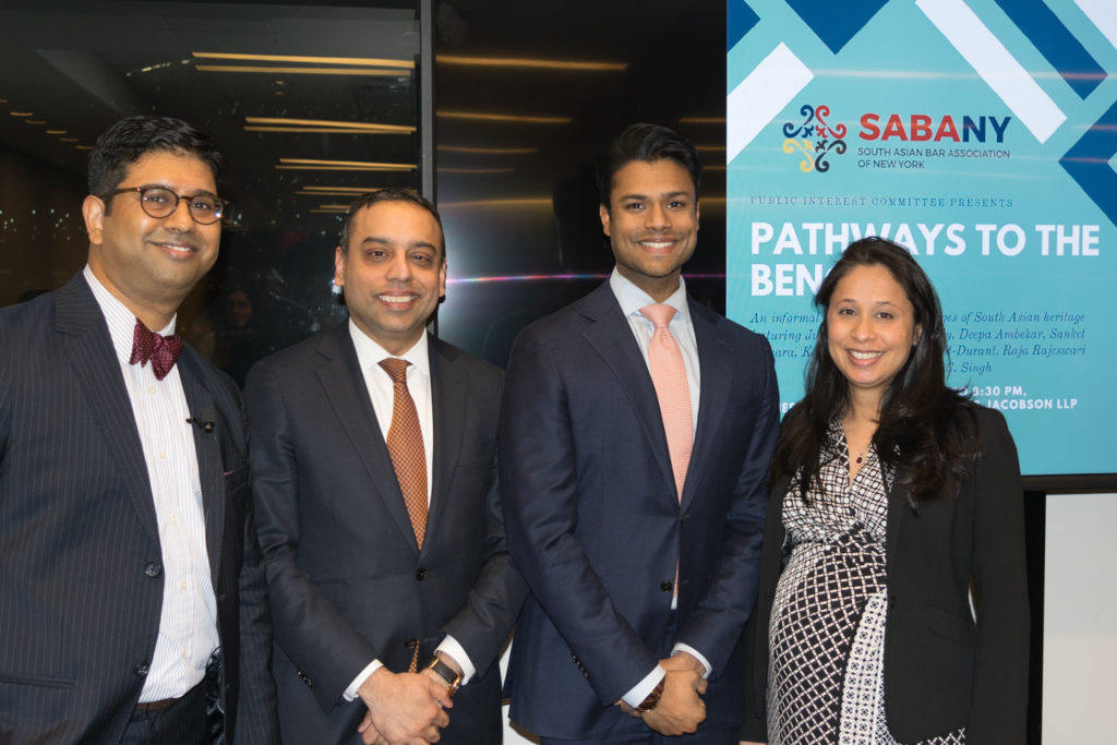 The South Asian Bar Association of New York hosted a panel titled "Pathways to the Bench" in which judges explained how others can follow their trail. Pictured from left: Austin D'Souza, Hon. Sanket Bulsara, SABANY President Ryan Budhu, and Hon. Deepa Ambekar. Eagle photo by Rob Abruzzese.