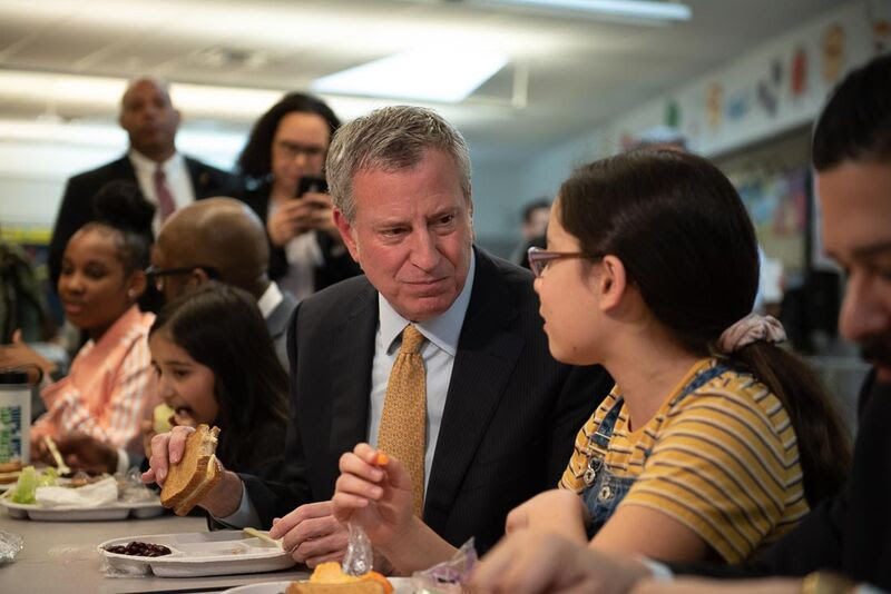 Mayor Bill de Blasio announced that the vegetarian program would expand citywide in September. Eagle photo by Paul Stremple
