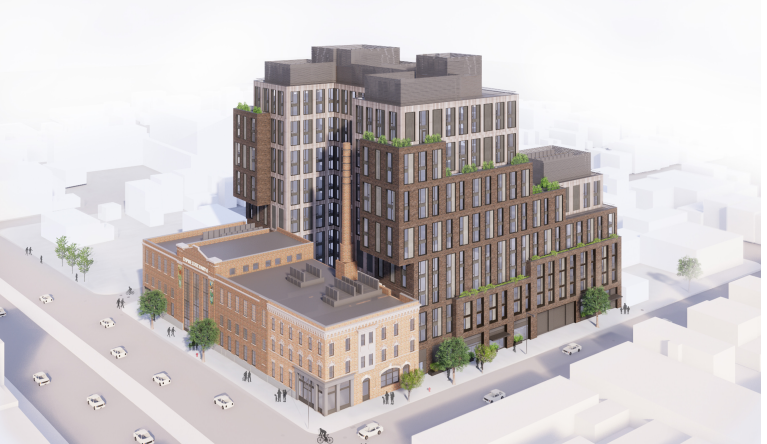 The Landmarks Preservation Commission was divided on the use of cantilevers above the Empire State Dairy Company Buildings. Rendering by Dattner Architects via the Landmarks Preservation Commission