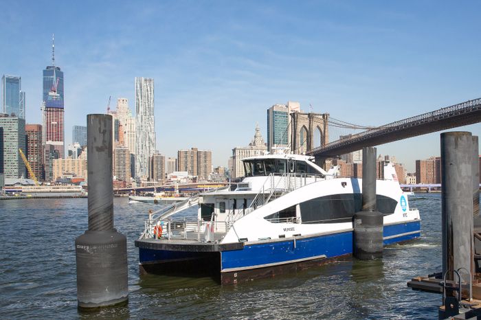 An NYC ferry docks in DUMBO, March 13, 2019. Photo: Ben Fractenberg/THE CITY