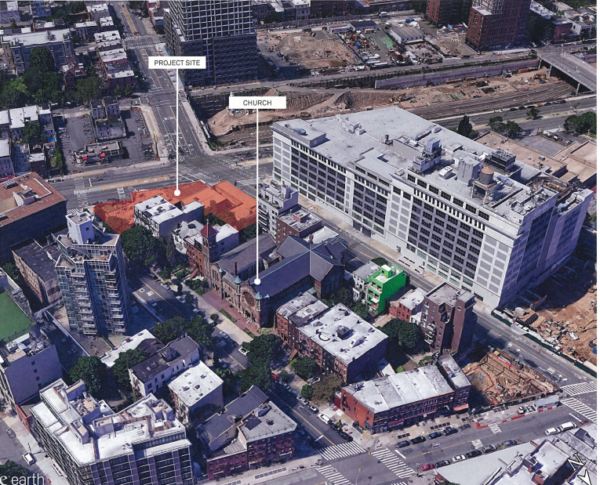 This aerial view shows the landmarked Church of St. Luke and St. Matthew and the 809 Atlantic Ave. development site. Image via the City Council