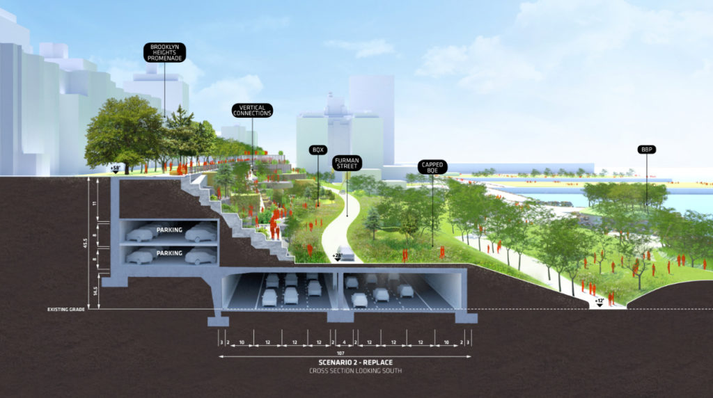 Designed by BIG, one of many alternative plans to reconstruct the BQE, offered as an alternative to DOT’s “Innovative Plan.” Rendering courtesy of BIG