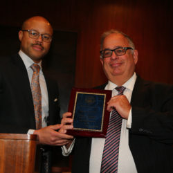 The Brooklyn Bar Association hosted its annual Judiciary Night on Wednesday where it honored 10 of the borough’s judges. Pictured is incoming treasurer Anthony Vaughn (left) presenting Justice Peter Sweeney with his plaque. Eagle photo by Andy Katz