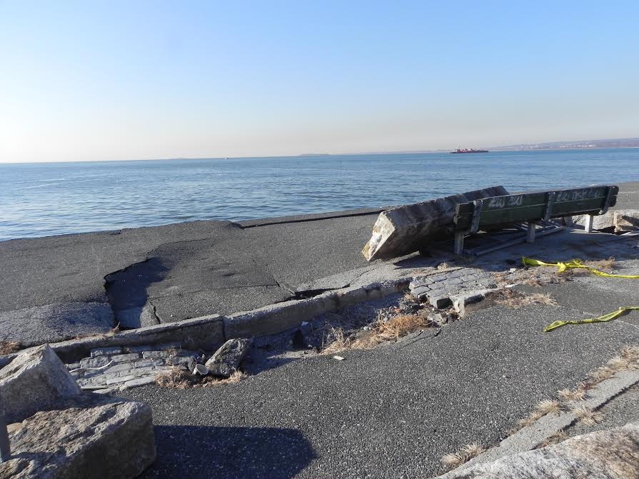 Superstorm Sandy left a great deal of damage in its wake all over the city. This photo, taken in 2014, shows the Shore Parkway seawall in Bensonhurst. Eagle file photo by Paula Katinas