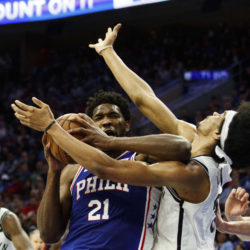 Joel Embiid’s vicious elbow on Jarrett Allen drew blood and seemed to spark the Sixers and take a little of the fight out of the Brooklyn Nets Monday night in Philadelphia. AP Photo/Chris Szagola