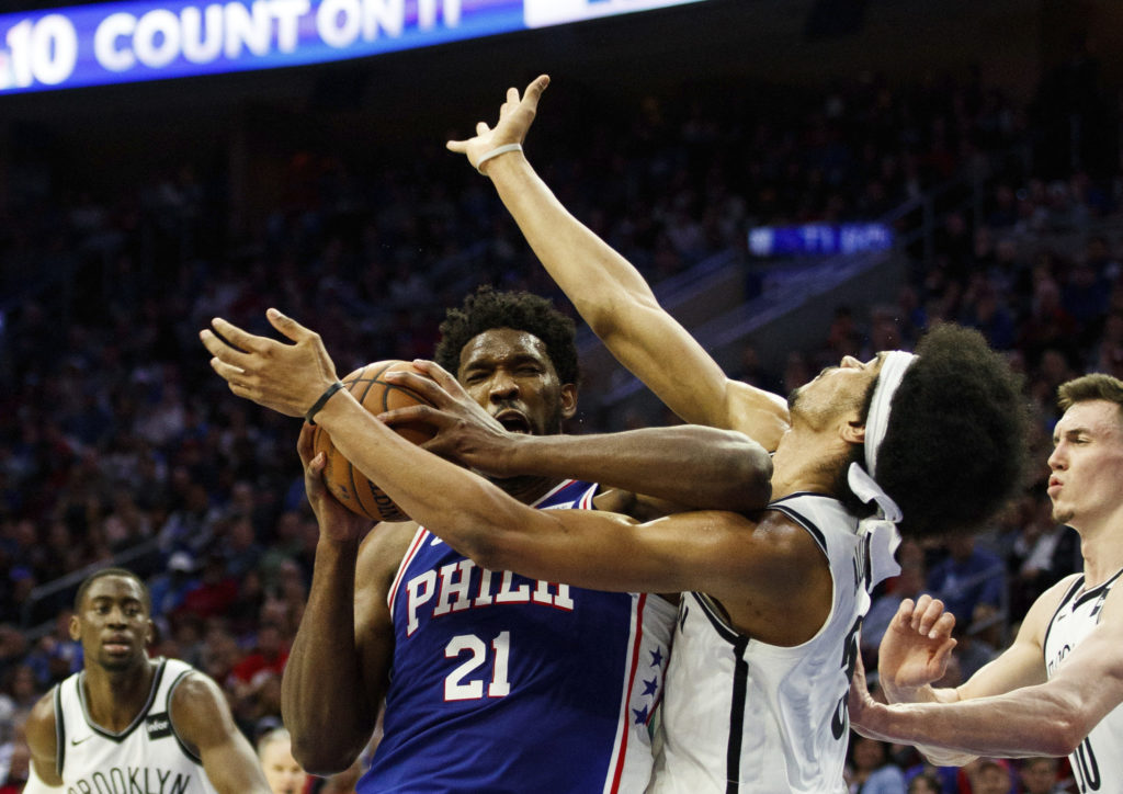 Joel Embiid’s vicious elbow on Jarrett Allen drew blood and seemed to spark the Sixers and take a little of the fight out of the Brooklyn Nets Monday night in Philadelphia. AP Photo/Chris Szagola