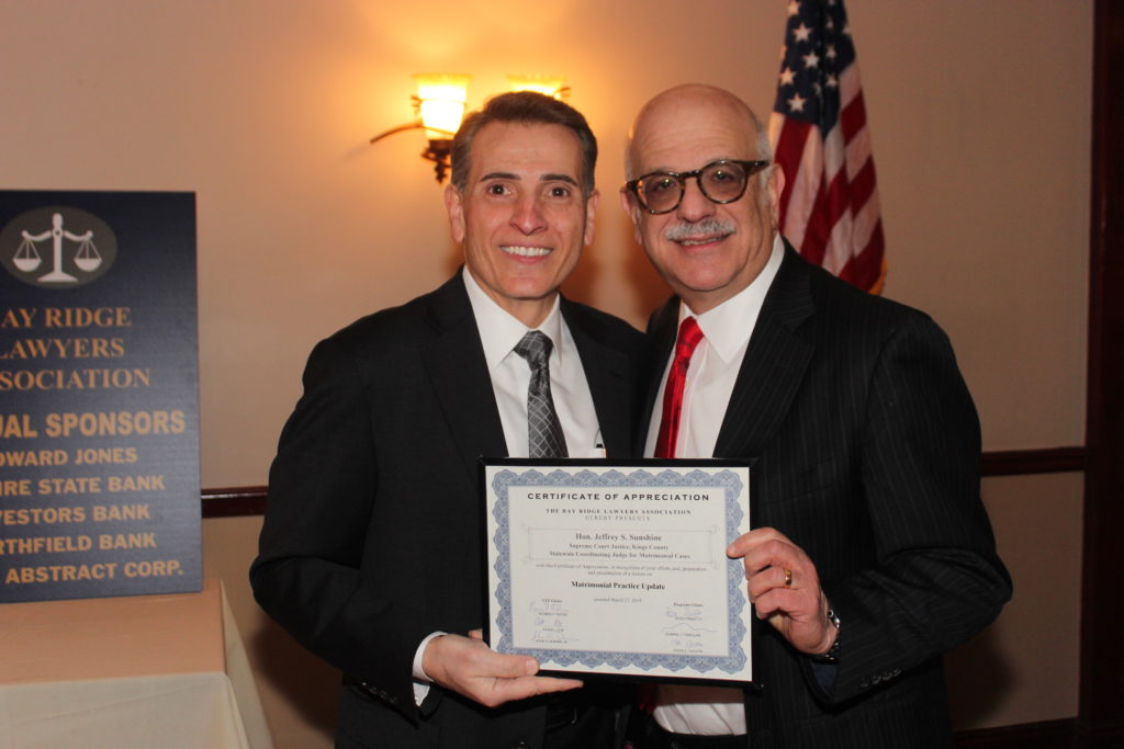 Joseph Vasile (left) and the Bay Ridge Lawyers Association welcomed Justice Jeffrey Sunshine, statewide coordinating judge for matrimonial cases, to speak during its monthly continuing legal education meeting. Eagle photo by Mario Belluomo