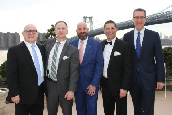 The Kings County Criminal Bar Association hosts an annual awards event from Giando on the Water in Williamsburg. From left to right: Jay Schwitzman, Christopher Wright, Paul Hirsch, Michael Cibella and Michael Farkas. Photo: Mario Belluomo/Brooklyn Eagle
