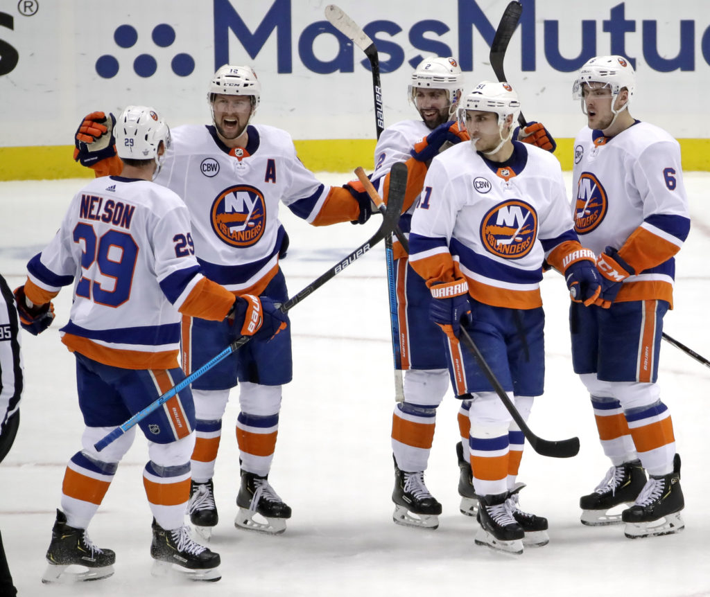 The Islanders celebrated their first-round sweep of the Pittsburgh Penguins Tuesday night, but might have to take upwards of a week-and-half off before hitting the ice again against a yet-to-be-determined second-round opponent. (AP Photo/Gene J. Puskar)