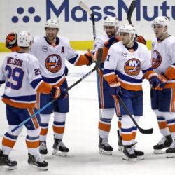 The Islanders celebrated their first-round sweep of the Pittsburgh Penguins Tuesday night, but might have to take upwards of a week-and-half off before hitting the ice again against a yet-to-be-determined second-round opponent. (AP Photo/Gene J. Puskar)