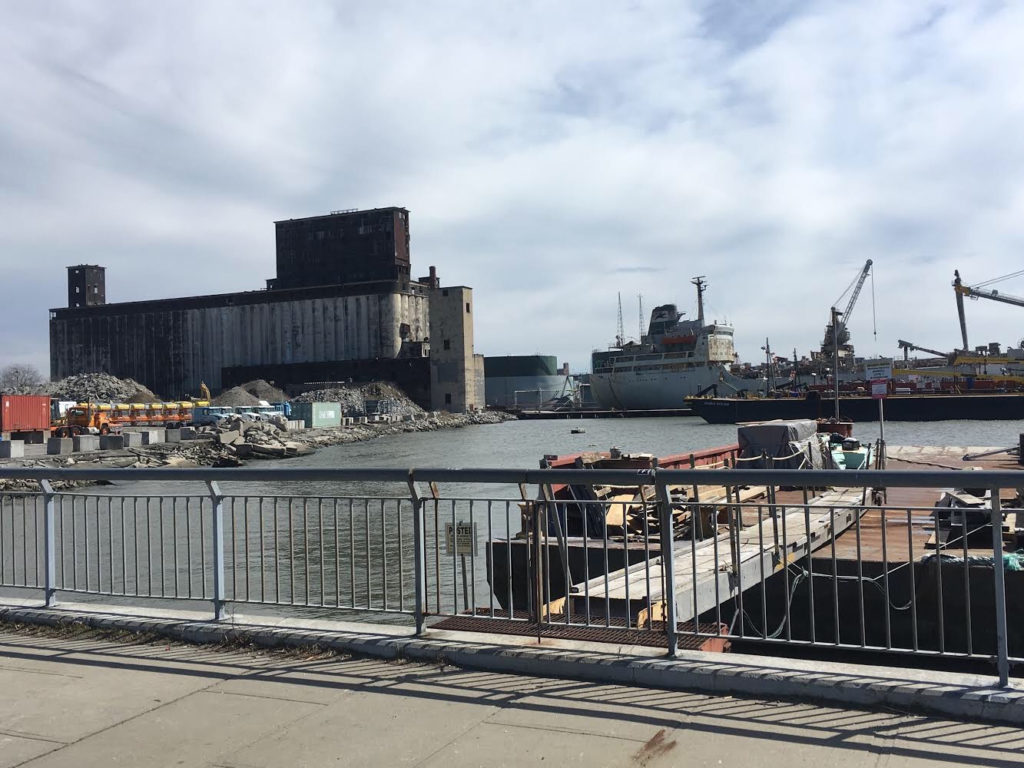 BlueCity Lab, a floating industrial eco-lab and community space, is planned for the waters off South Red Hook's GBX~Gowanus Bay Terminal, shown above. Photo via Tim Gilman, executive director of RETI Center