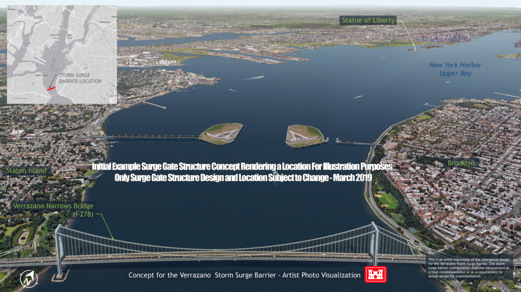 A massive storm surge barrier connecting Brooklyn to Staten Island near the Verrazzano-Narrows Bridge is being proposed to stop flooding during extreme weather events like Superstorm Sandy. Rendering courtesy of USACE