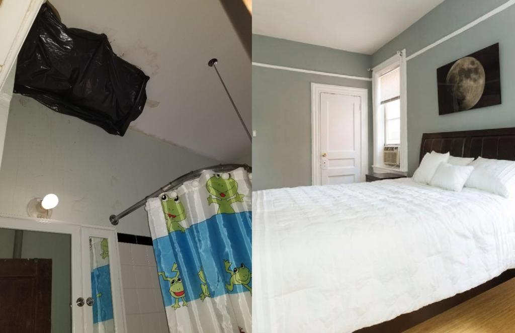 On left: photo from inside a tenant's apartment on Flatbush Ave. On right: image from an Airbnb advertisement in one of the apartment buildings. Photo courtesy of Brooklyn Legal Services.