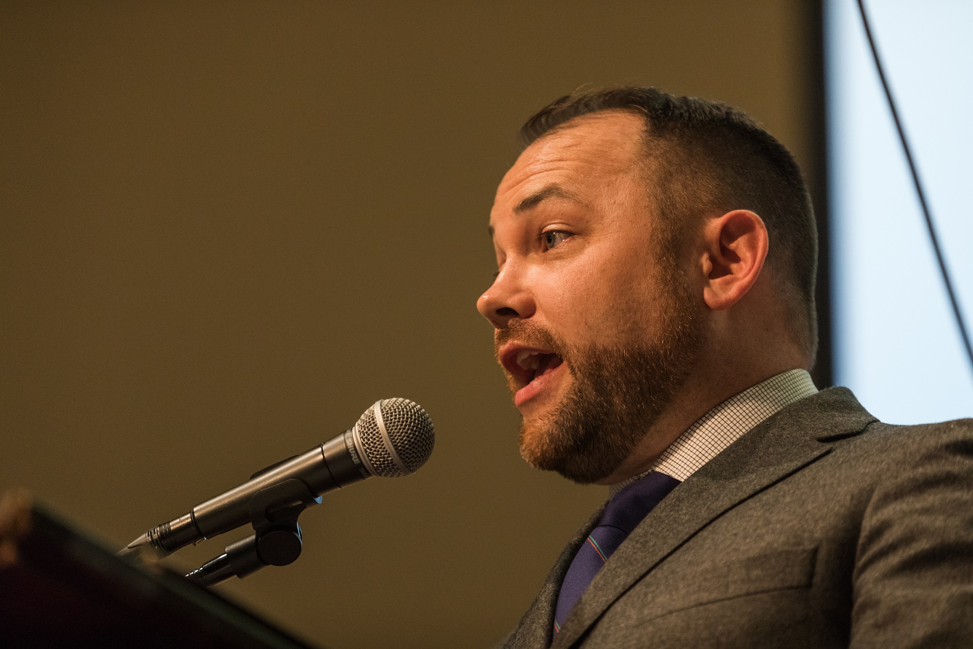 City Council Speaker Corey Johnson at a packed BQE Town Hall in Brooklyn in April. Eagle photo by Paul Frangipane