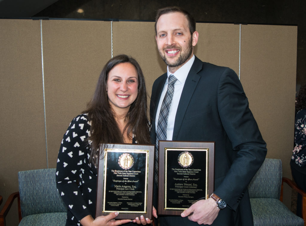 Maria Aragona, president of the Confederation of Columbian Lawyers, and Andrew Wenzel were named Employees of the Year in the Brooklyn Supreme Court. Eagle photo by Rob Abruzzese