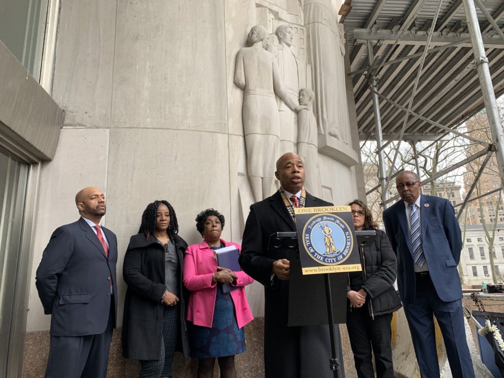 Brooklyn Borough President Eric Adams calls for all small properties that were foreclosed on by the controversial Third Party Transfer program be returned to their original owners. Eagle photo by Noah Goldberg.