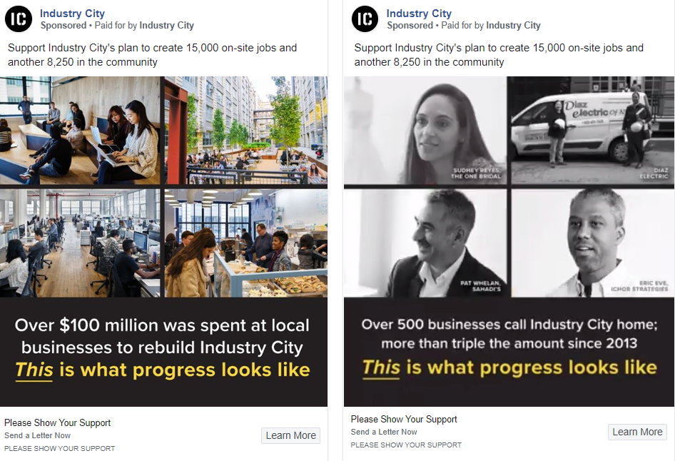 A screenshot of two Industry City ads from Facebook's political ad archive.