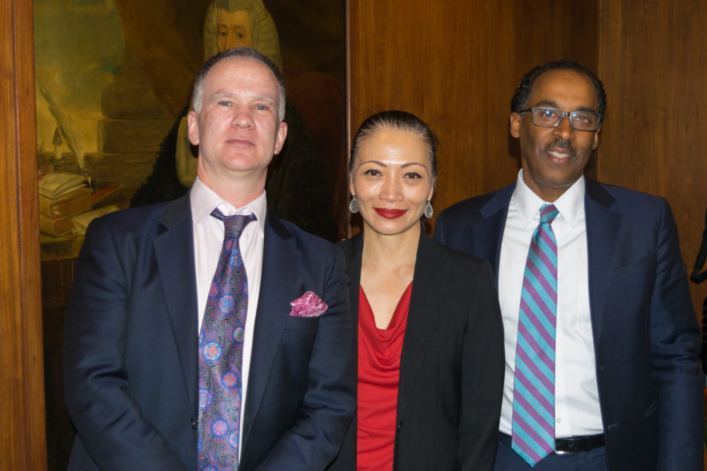 The Kings County Criminal Bar Association hosted a pair of former Legal Aid attorneys for a CLE seminar on "Civil Rights for the Criminal Practitioner" during its monthly meeting. Pictured from left: KCCBA President Christopher Wright, and attorneys Julia P. Kuan and Earl S. Ward. Eagle photo by Rob Abruzzese