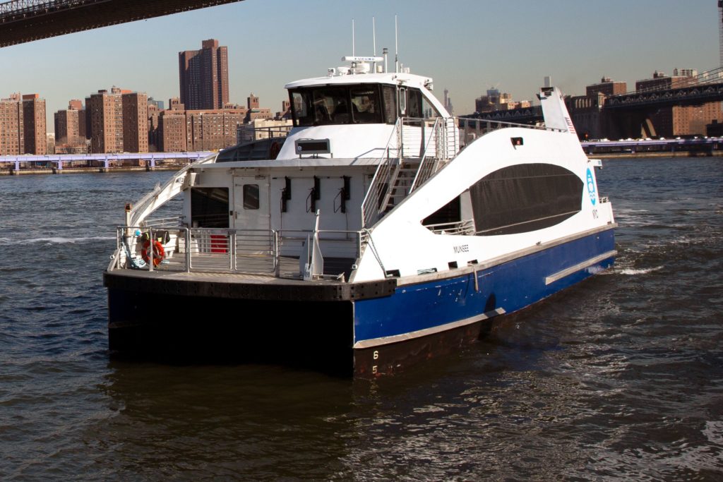 An NYC Ferry pulls into DUMBO. Photo: Ben Fractenberg/THE CITY