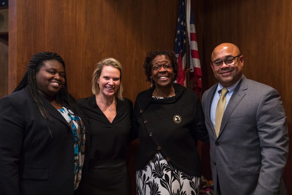 The Brooklyn Women’s Bar Association hosted a Raise the Age CLE. From left: Chairperson of the CLE Committee Betsey Jean-Jacques, President Carrie Anne Cavallo, Judge Edwina Mendelson, Judge Craig Walker. Eagle photo by Paul Frangipane