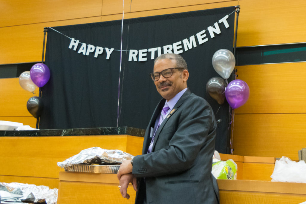 Court clerk specialist Roderick Randall retired from the Brooklyn Supreme Court after 30 years and court employees got a chance to say goodbye to him at a party in the Criminal Term courthouse last Friday afternoon. Eagle photo by Rob Abruzzese