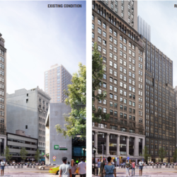 The second tower from the left in the revised rendering is 200 Montague St. In the image showing the property’s existing condition, it’s the shortest building. Beyer Blinder Belle images via the Landmarks Preservation Commission