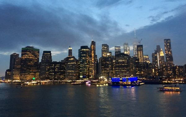 Lower Manhattan’s lights shine as night falls. Eagle photo by Lore Croghan