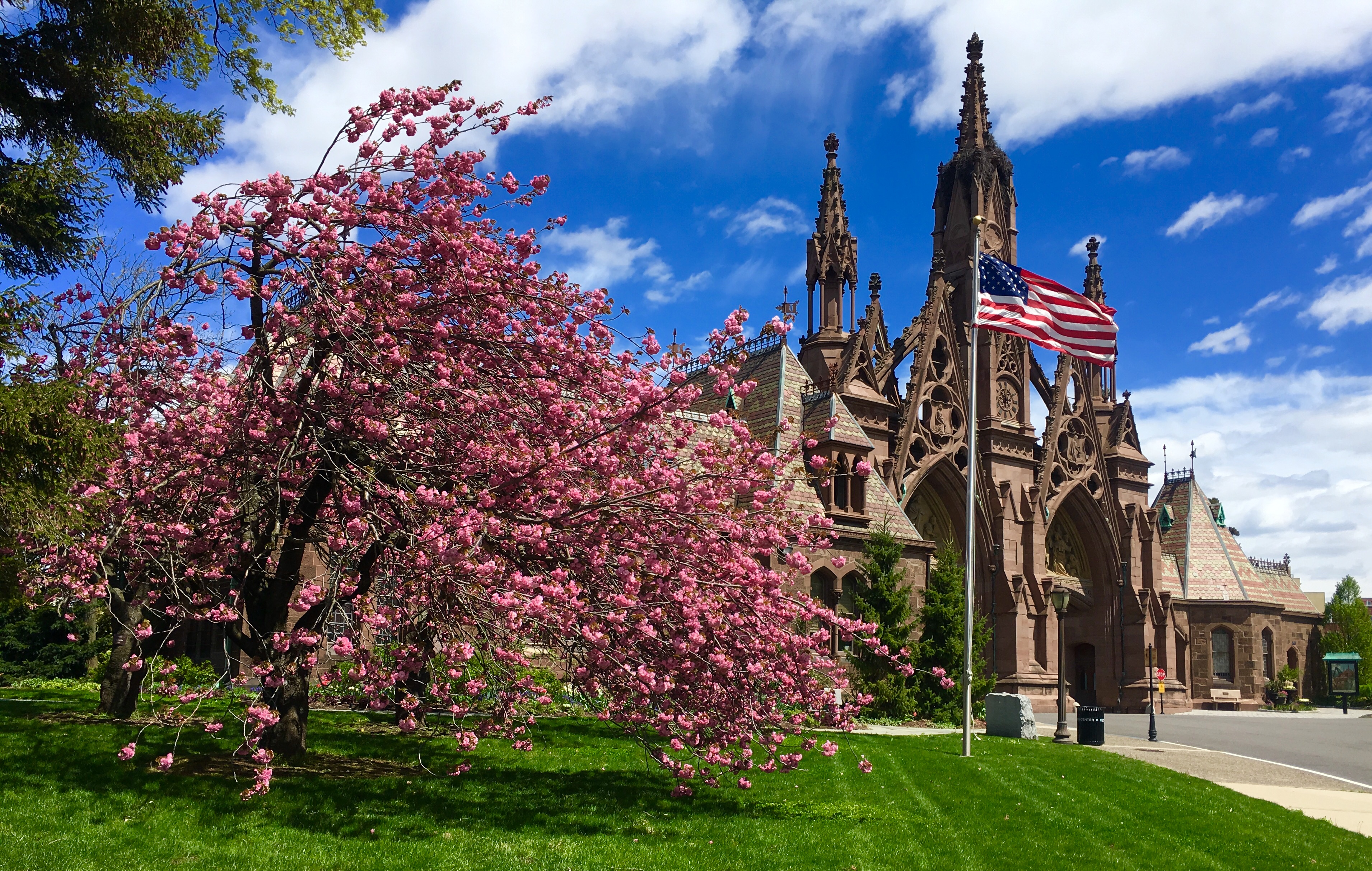 You know spring has really arrived in Brooklyn when the cherry trees blossom beside Green-Wood Cemetery’s landmarked gateway. Eagle photo by Lore Croghan