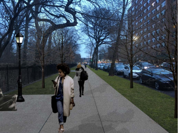 Here’s what the Parkside Avenue sidewalk on the edge of Prospect Park will look like when it’s fixed up. Prospect Park Alliance rendering via the Landmarks Preservation Commission