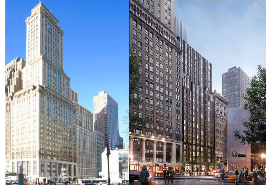 Left: the original design that the commission rejected in March. Right: the updated, approved design. Renderings by Beyer Blinder Belle via the Landmarks Preservation Commission