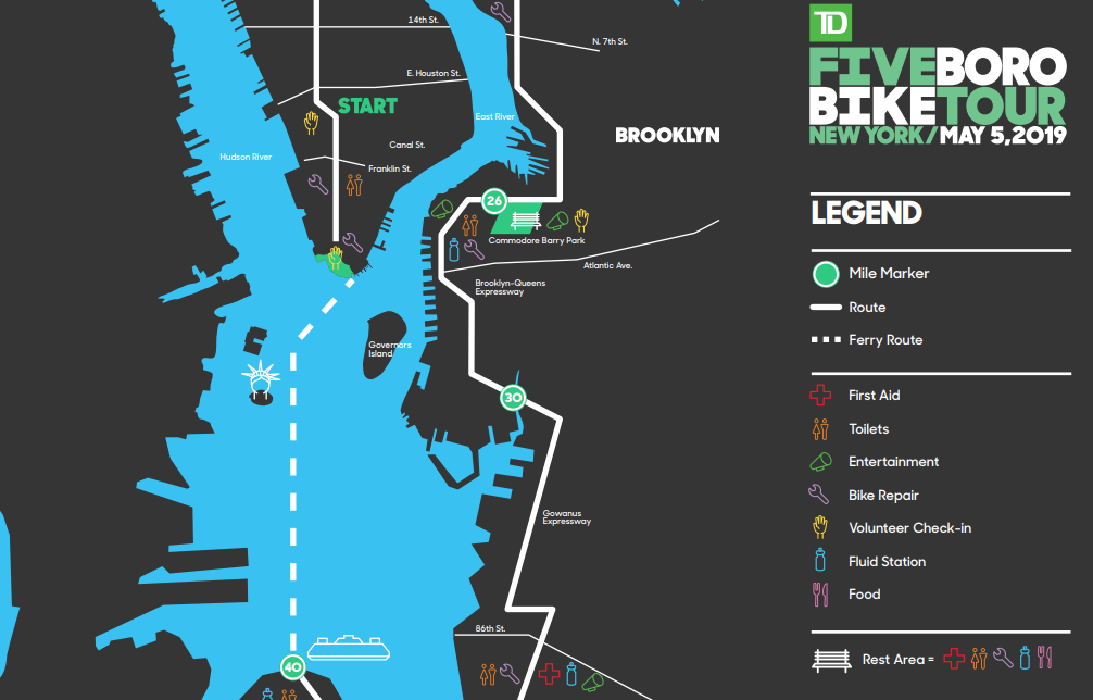 A portion of the mostly useless route map distributed by the 5 Boro Bike Tour's organizers. 