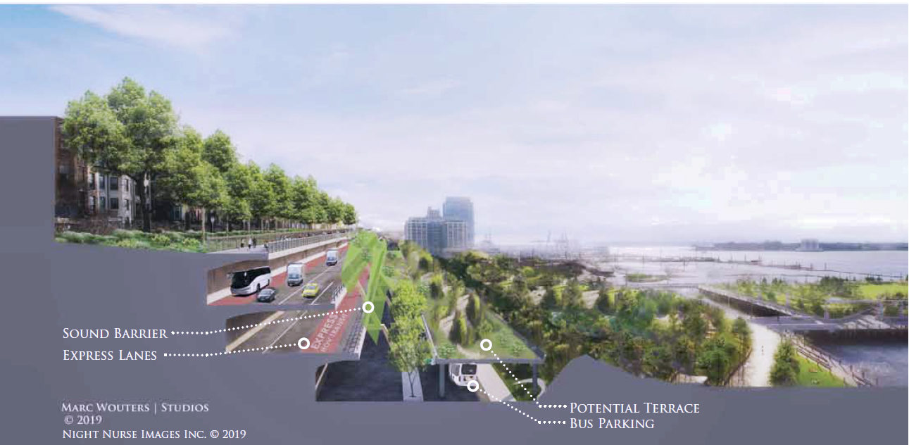 Brooklyn Heights Association’s revised BQE alternate plan would convert the bypass into a landscaped terrace once the BQE was rebuilt. Rendering courtesy of Marc Wouters Studios