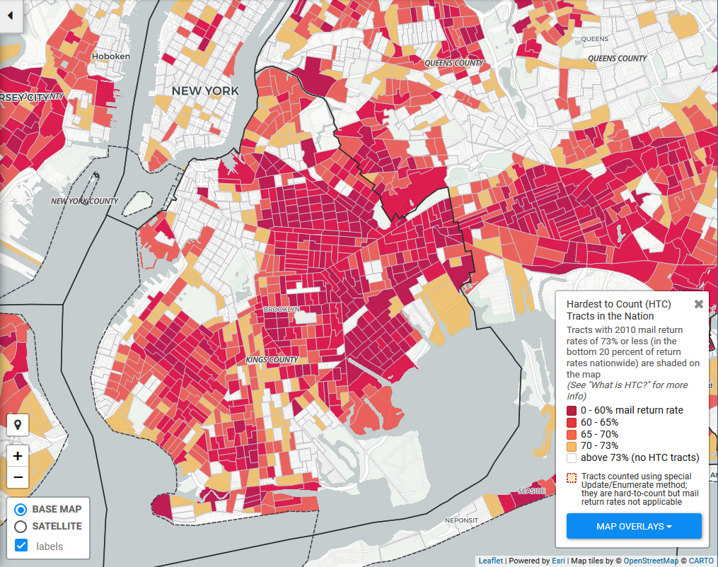 Underfunding libraries could lead to a hit in New York City’s 2020 Census, advocates warn. This Hardest To Count map shows Census tracts in Brooklyn with the lowest Census response rates in 2010. Map courtesy of CUNY Mapping Service