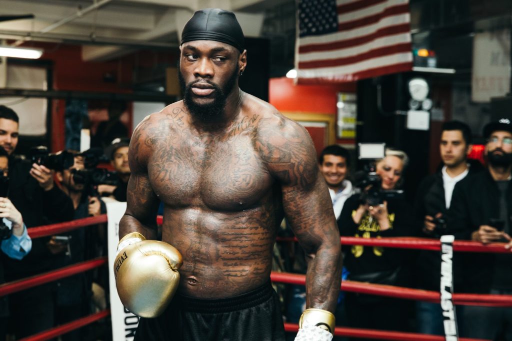 Unbeaten WBC heavyweight champion Deontay Wilder works out in front of the media Tuesday night at Gleason’s Gym in advance of his title bout at Barclays Center Saturday against mandatory challenger Dominic Breazeale. Amanda Westcott/SHOWTIME