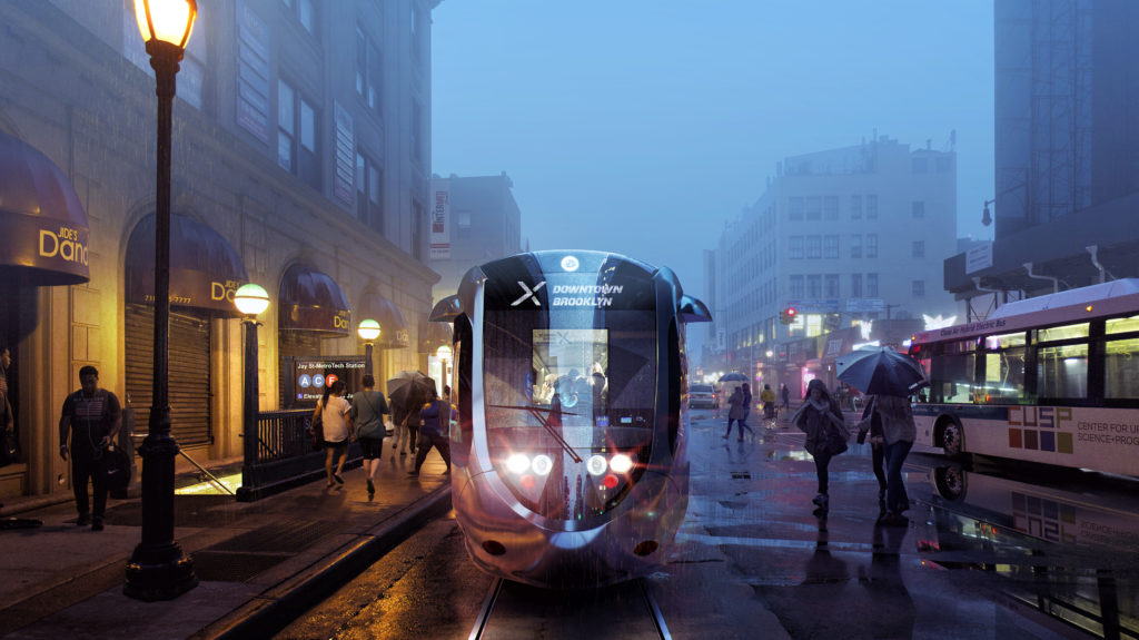 A rendering of the proposed BQX streetcar runs through Downtown Brooklyn. Photo courtesy of Friends of the BQX
