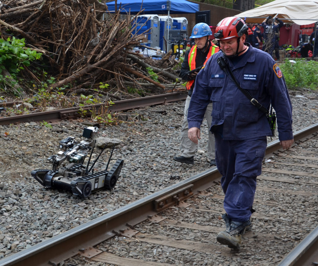 A small bot assisted FDNY task force members in finding victims during the disaster drill. Photo credit: FDNY
