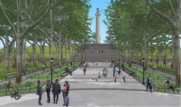 The Parks Department plans to create a plaza in front of the Prison Ship Martyrs’ Monument. Rendering via the Landmarks Preservation Commission