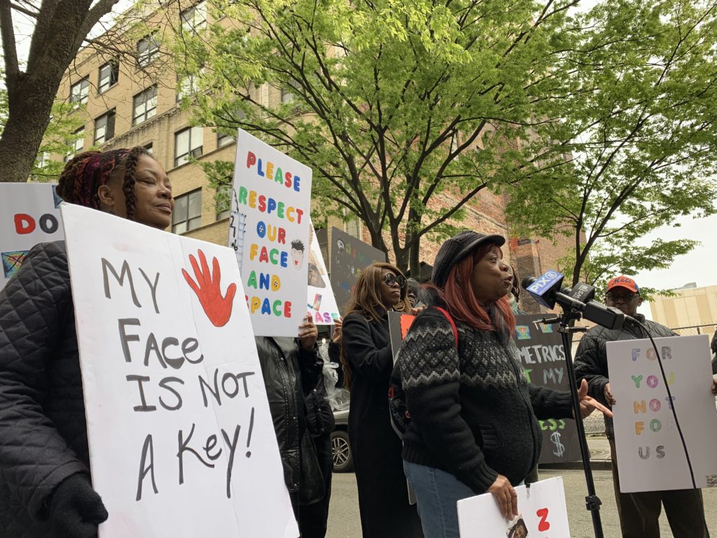 Icemae Downes denounces her landlord's request to use facial recognition technology to gain entry into her Brownsville apartment building. Eagle photo by Noah Goldberg.