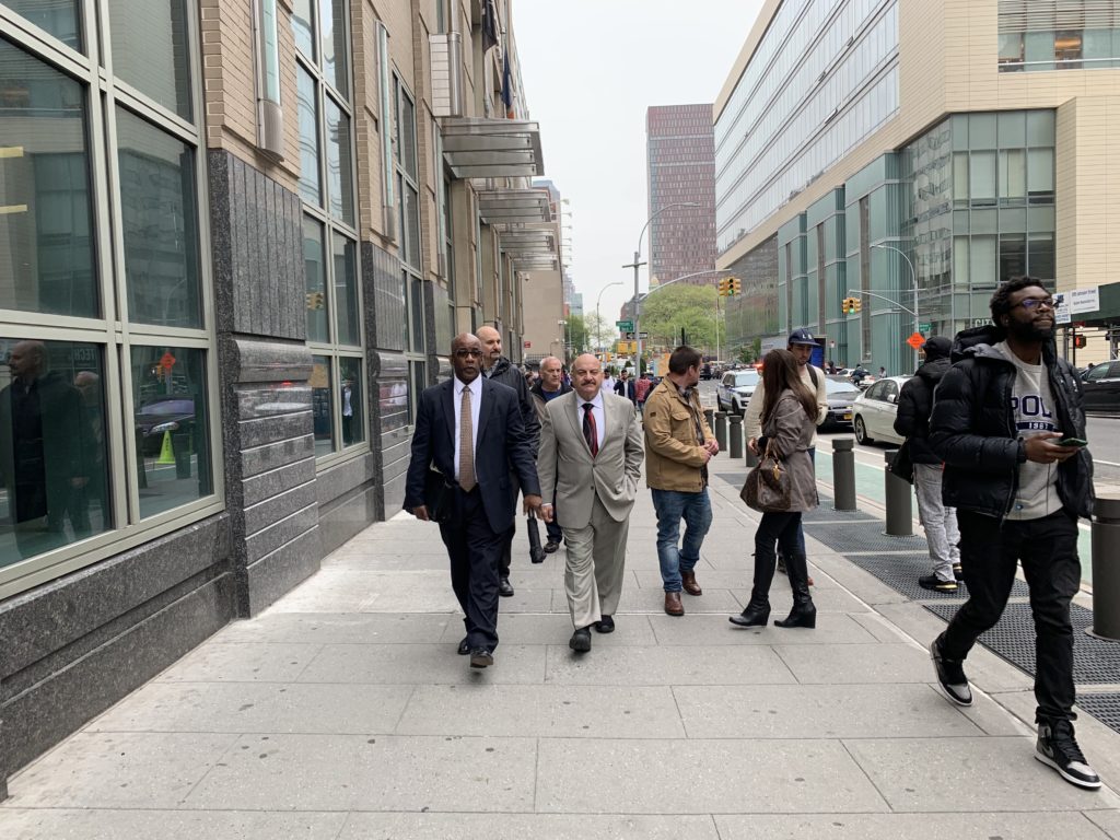Vincent Parco leaves Brooklyn Supreme Court with his lawyer, Lawrence LaBrew, after being found guilty of promoting prostitution, unlawful surveillance, and dissemination of an unlawful surveillance image. Eagle photo by Noah Goldberg.