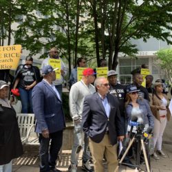 Activists with the group Families of the Wrongfully Convicted rallied outside the Brooklyn District Attorney's office Thursday. Eagle photo by Noah Goldberg.