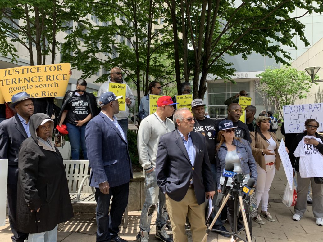 Activists with the group Families of the Wrongfully Convicted rallied outside the Brooklyn District Attorney's office Thursday. Eagle photo by Noah Goldberg.