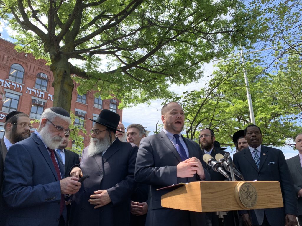 City Council Speaker Corey Johnson speaks at a press conference about the sharp rise in anti-Semitic hate crimes in New York in 2019. Eagle photo by Noah Goldberg