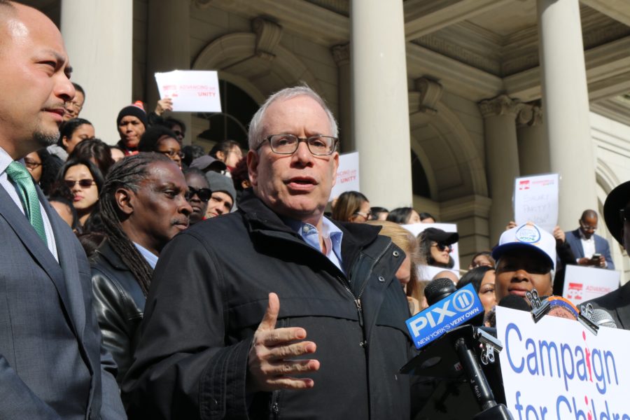 Comptroller Scott Stringer speaks at a rally at City Hall to demand that pre-K teachers in community organizations are paid equally to education department teachers on March 20. PHOTO: Christina Veiga/Chalkbeat