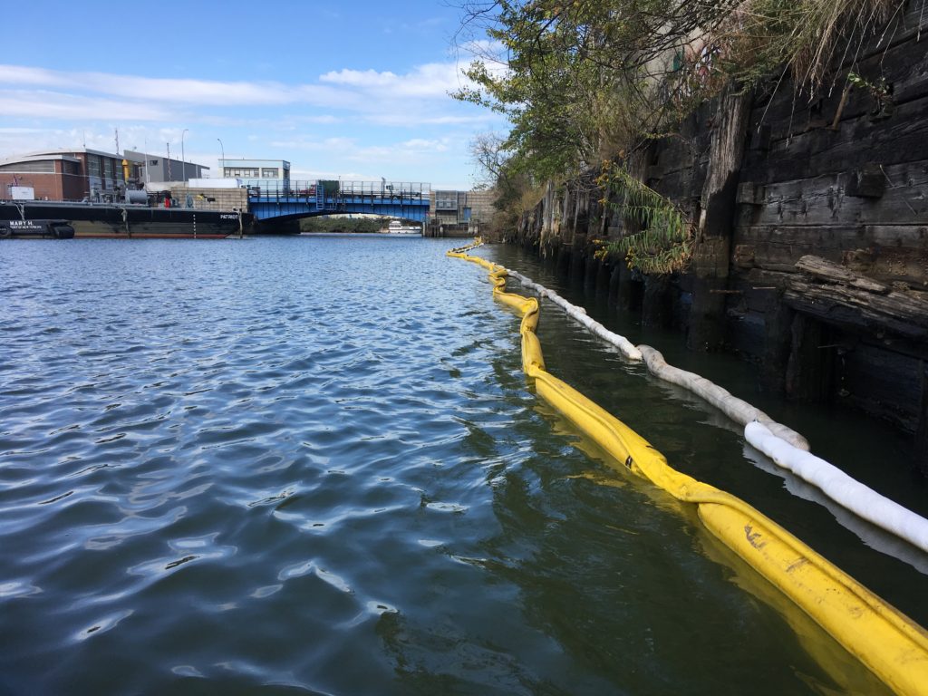 These are hard and soft booms at the Manhattan Polybag site along Newtown Creek. Photo courtesy of Newtown Creek Alliance