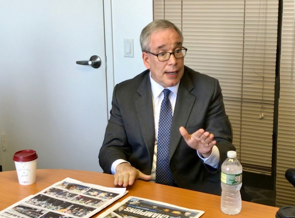 NYC Comptroller Scott Stringer is disinvesting the city’s pension funds from fossil fuels and is “doubling down” on investments in the green economy, he said at an exclusive interview with the Brooklyn Eagle on Wednesday. Eagle photo by Mary Frost