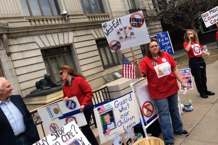 Opponents of the Common Core State Standards and their aligned tests protest outside the Colorado Department of Education in 2014. Photo by Nicholas Garcia via Chalkbeat