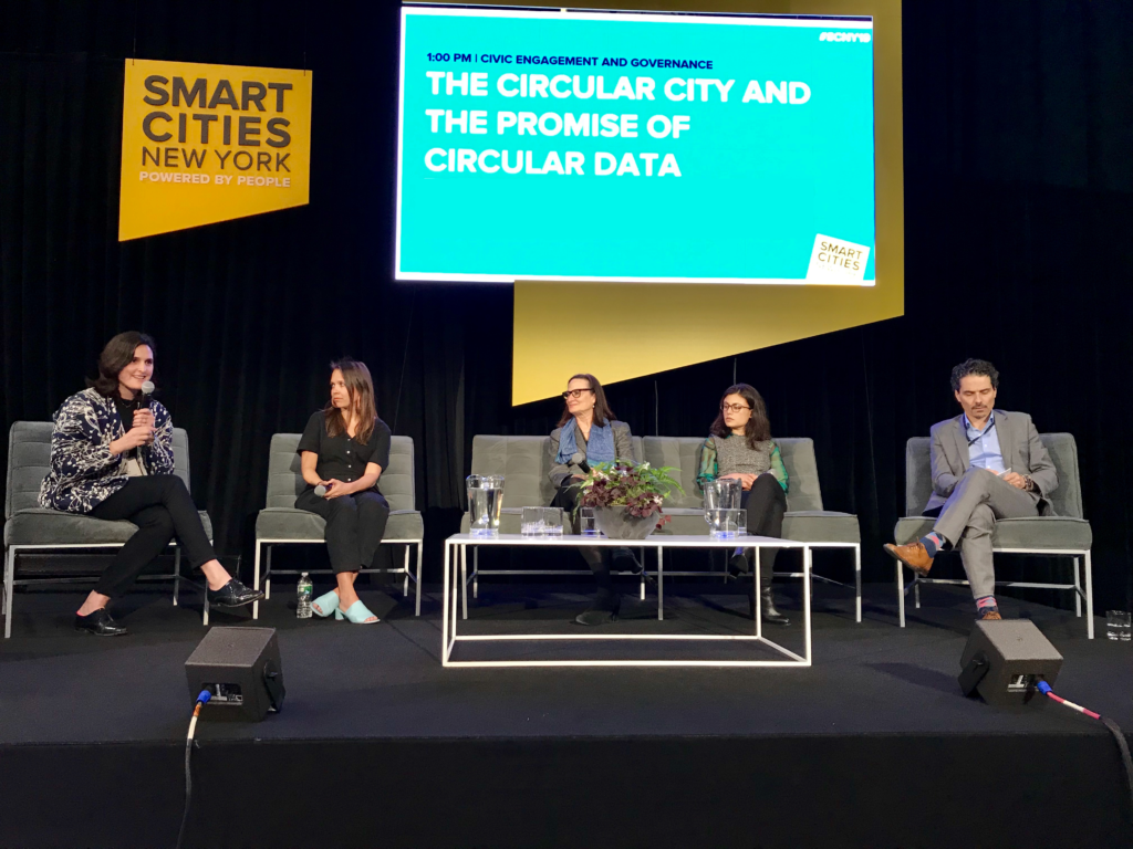 From left: Shaina Horowitz of New Lab, Jessie Lazarus from CARMERA, Regina Myer of the Downtown Brooklyn Partnership, Tara Pham from Numina and Andre Correa d’Almeida of Columbia University discuss Downtown Brooklyn’s role as a test lab for smart technology at the Smart Cities New York 2019 conference on Tuesday. Eagle photo by Mary Frost