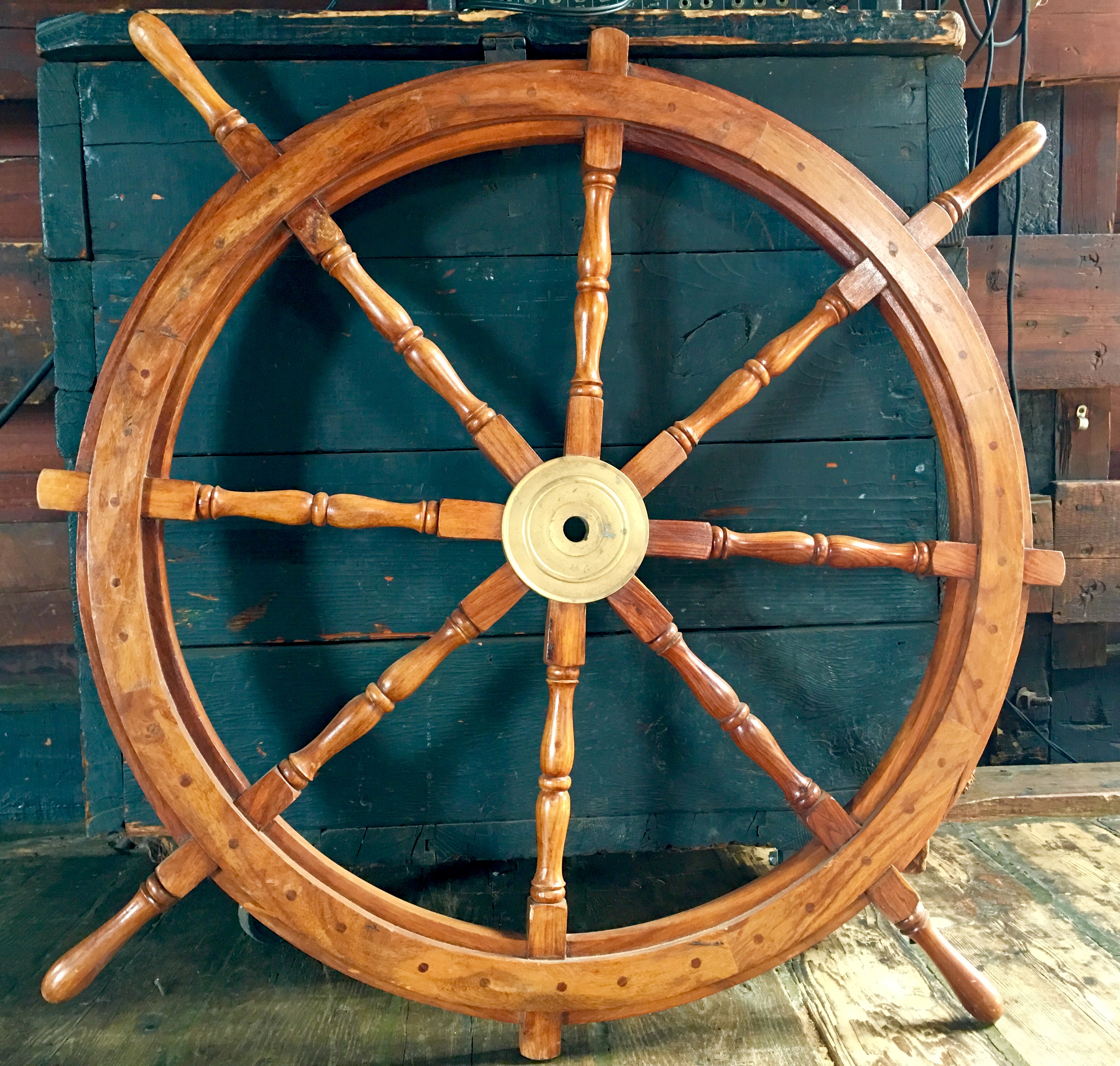 A ship’s wheel is on display inside the Waterfront Museum. Eagle photo by Lore Croghan