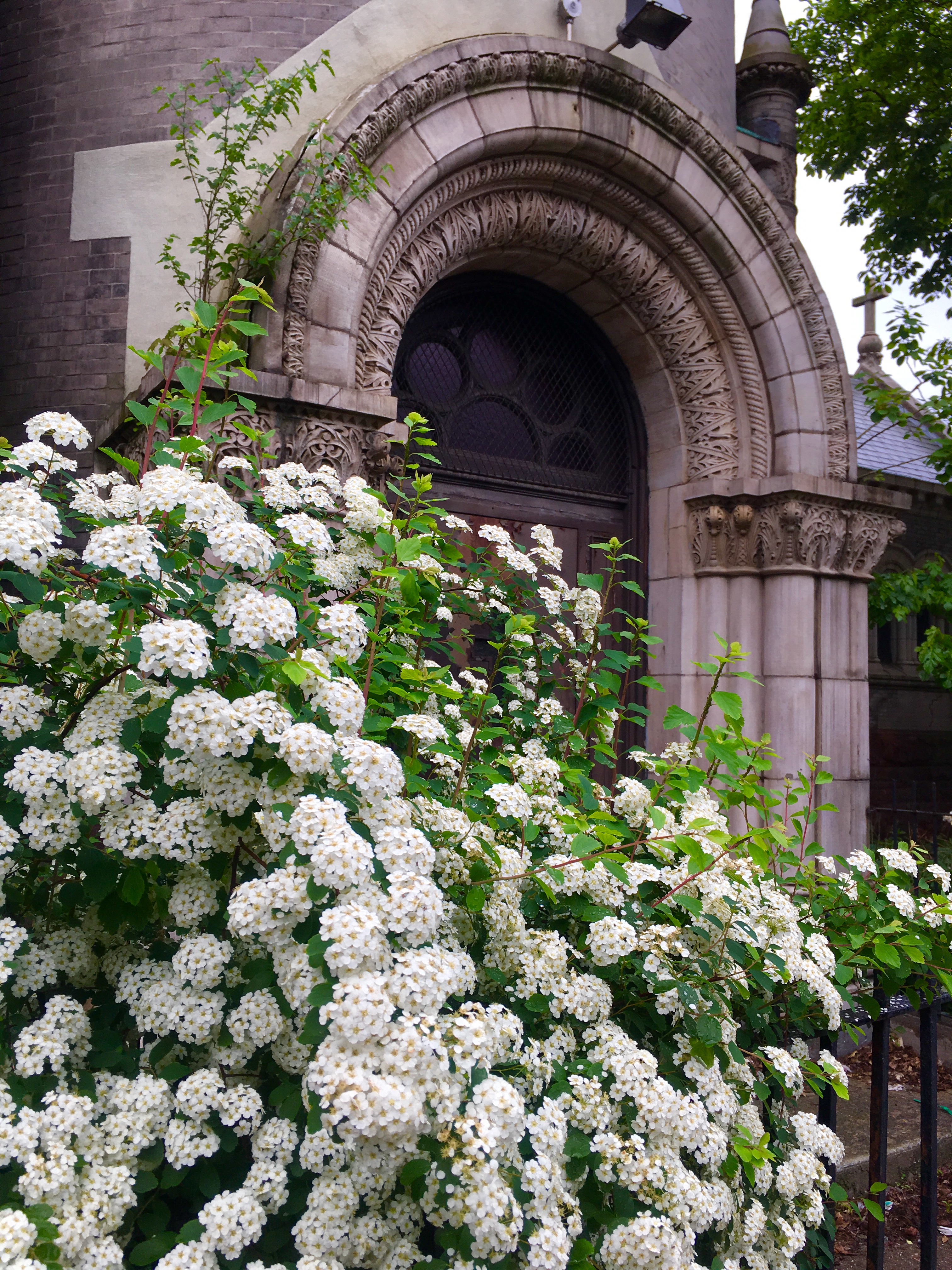 Flowers cascade in front of an arched doorway at the Church of St. Michael-St. Edward. Eagle photo by Lore Croghan